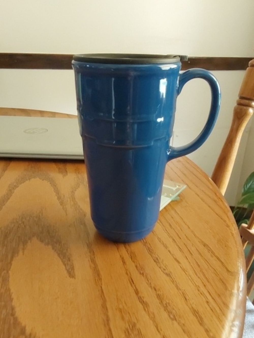 Longaberger Blue Ceramic Travel Mug with Handle and Snap Lid